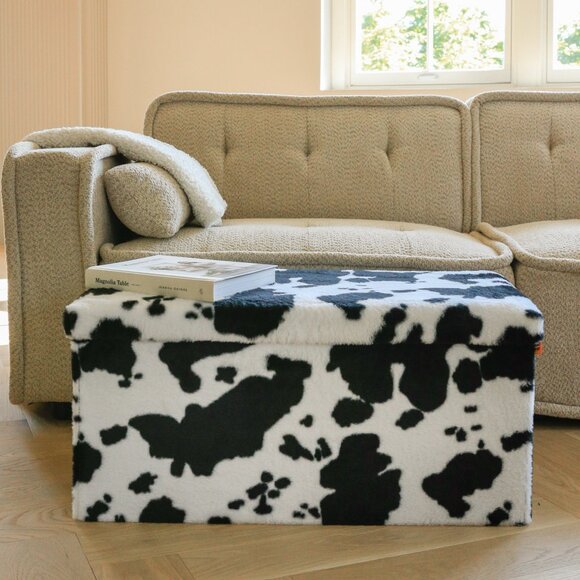 Go-Poufs Knock-Down Rectangular Faux Cowhide Storage Ottoman | 30"x15"x15" - Picture 5 of 8